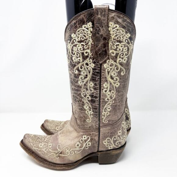 Corral Teen Taupe Leather Western Boots Girls Size 2 Pull On Made in Mexico - Picture 3 of 11